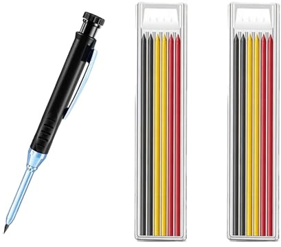 GisWell Baustellenstift Tieflochmarker Set - Tieflochmarker Bleistift Baustellen Bleistifte mit 12 Ersatzminen (Rot Gelb Schwarz) Druckbleistiftli Baustellen Stift Bleistiftspitzer für Zimmermann