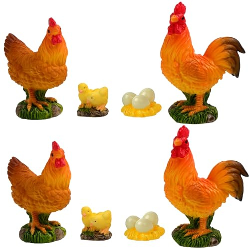 ZAHD 8 PCS Miniatura Retro Pollaio Simulato Realistico Figurine di pollo realistiche portatili Polli Gallo Gallina Statue di pollo bonsai in miniatura Mini statua da giardino pulcino gallina in resina