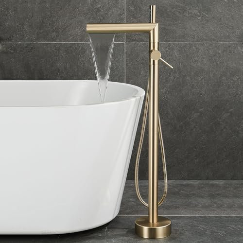 BiaoTeng Mischbatterie Freistehende Badewanne Wasserfall Einhebelmischer Heiß und Kalt Messing Armatur Badewanne Freistehend Gold Gebürstet