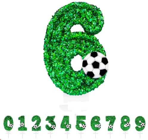 YANGWEN 3D Velas De Cumpleaños, Fútbol Verde Vela,Velas cumpleaños numeros，Velas cumpleaños Bengala，Vela de Número 6 de Pastel Decoración,Aniversarios,Baby Shower de Cumpleaño(Número 6)