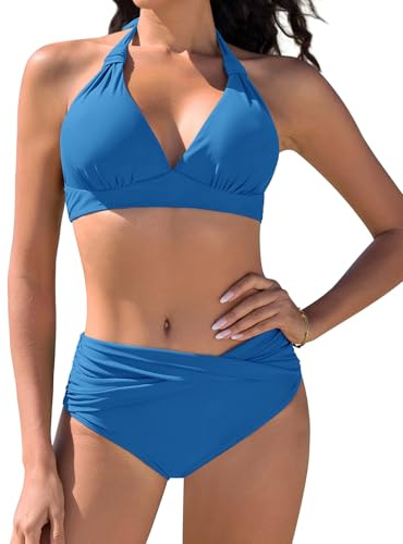 Nadeer Bikiniset för kvinnor push-up badmode baddräkter strand slips tvådelad sexig v-ringad baddräkt medium hög midja bikinibyxor, Safirblått, L