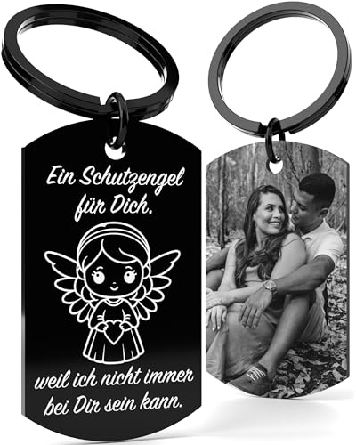 Generisch Personalisierter Schutzengel Schlüsselanhänger mit Foto & Gravur – Edelstahl Glücksbringer Auto Anhänger – Geschenk für Partner, Familie & Freunde