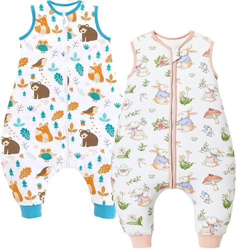 Chilsuessy 2er Pack Baby Schlafsack mit Füßen 2.5 Tog Winter Schlafsack Babyschlafsack mit Beinen Schlafstrampler für Jungen Mädchen, 2.5 Tog/Bären + Kaninchen, 70cm/Baby Höhe 80-90cm