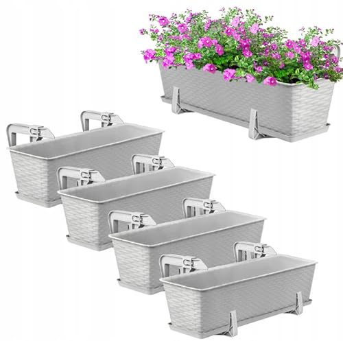 OMAGO® Set di fioriere in rattan con sistema di sospensione e supporto, vasi da balcone per fiori e piante, per balconi e ringhiere, colore grigio chiaro