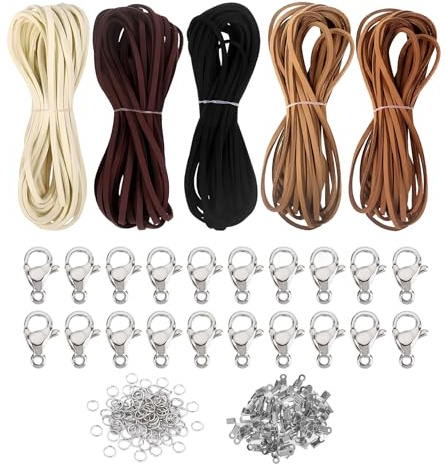 Lederband für Ketten – 50 m Set Veloursleder Band Faden, 5 Farben à 10 m, 2 mm Lederschnur für Schmuck, Lederbänder für Armbänder, Halsketten & DIY, inkl. 100 Zubehörteile