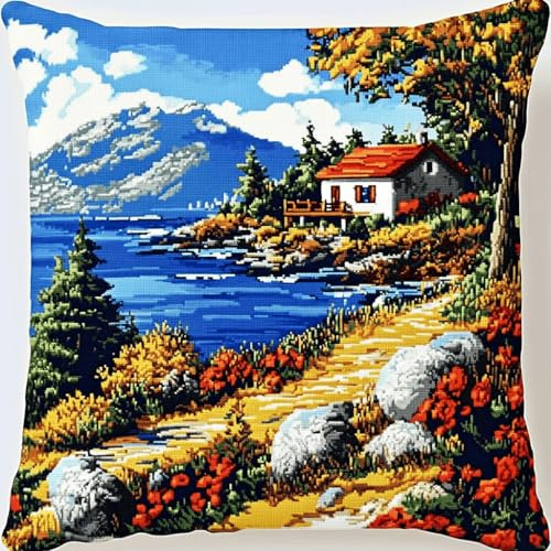 Henypt Kit de Almohadones con Cierre de Gancho Paisaje Cojines para Bordar a Mano 17x17 Inch 3D Bordado de Bricolaje Cuadrado Funda de Cojín Decoración para Principiantes, Adultos