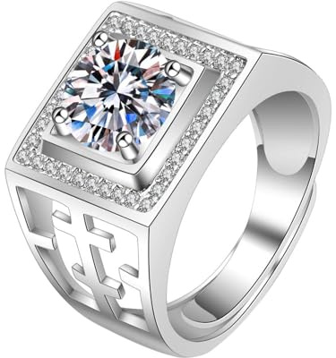 Mesnt Ring Weißgold Herren, 9 Karat Weißgold Ringe für Herren Siegelring Quadrat mit im Labor hergestelltem Diamanten, Größe 60 (19.1)