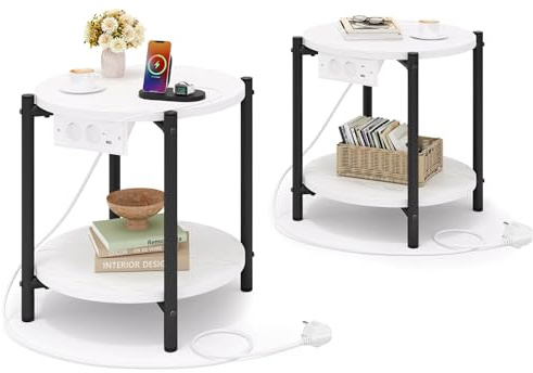 IRONCK Rund Nachttisch 2er Set, Beistelltisch mit Steckdose, USB-C-Anschluss, Kleiner Tisch Holz & Metall, Sofatisch Wohnzimmertisch Couchtisch 2 Ablage für Schlafzimmer (Weiß, 2 Stücke)