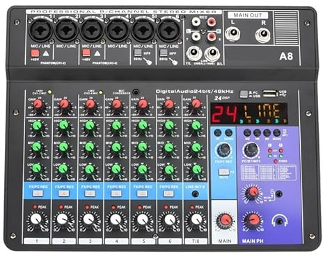 Mezclador de audio Consola mezcladora de 8 canales, 24 efectos, 48V, mezclador de sonido de Audio Bluetooth, mesa de reproducción de discos USB for PC