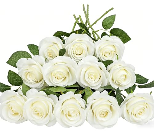 HNVNER Lot de 12 Roses artificielles en Soie, Fausse Roses Fleur pour Bouquet de Mariée, Décoration de Fête à la Maison, Blanc