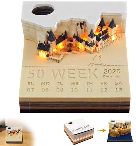 PLLYPE 3D Calendar 2026, Calendario da Tavolo 2026 con LED Luci, 3D Magico Castello Calendario Settimanale, per Ornamenti Desktop, Compleanno, Regalo di Natale, 9 x 9 x 5 cm, 150 Fogli