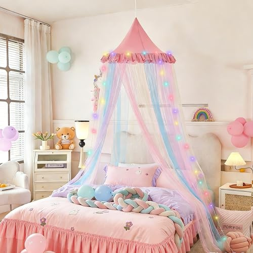 Anmas Power Regenbogen-Moskitonetz, Betthimmel, Prinzessinnen-Betthimmel für Mädchen, Bunte Netzstickerei, Moskitonetz für die Schlafzimmerdekoration (Rosa–Regenbogen)