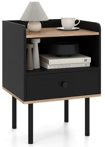 COSTWAY Nachttisch, Beistelltisch mit Schublade, offenem Ablagefach und Metallbeinen, Nachtschrank, Nachtkonsole, Nachtkommode für Schlafzimmer, Wohnzimmer, 40,5 x 35 x 56 cm (Schwarz)