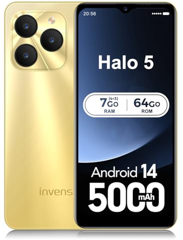 invens Halo5 Smartphone Android 14 Barato 4G Desbloqueado sin paquete Teléfono Móvil Gran Pantalla 6,52 HD+ Ideal para Vídeos, 4 GB + 64 GB Extensible 256 GB, Batería Larga Duración: 4920 mAh- Dorado