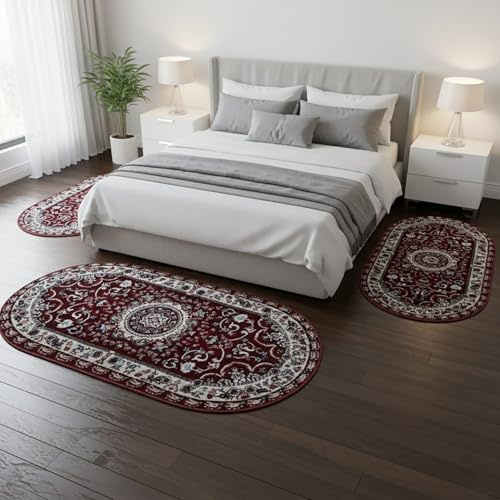 Tris Tappeti Camera da Letto Ovali – Set 3 Pezzi in Morbido Polipropilene Design Classico Persiano – Antiscivolo – 1 Fondo Letto 75x140 + 2 Laterali 60x110 – Ideale per Arredo Camera Matrimoniale