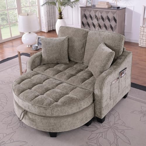 HMHKHN Sofa mit Schlaffunktion, Sofa Klein, Chaiselongue, 2-in-1 Schlafsofa, Aufbewahrungs-Hocker & 4 Kisse, für Kleine Wohnzimmer, Studienzimmer, Schlafzimmer, 132×129×93cm (Braun)