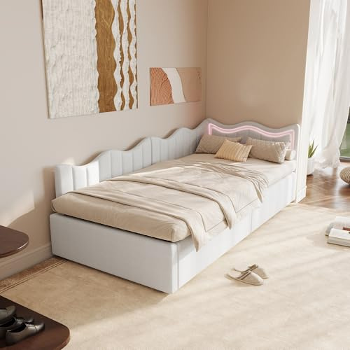 JOOKGBD Polsterbett Tagesbett Einzelbett 90x200,Hydraulisch Stauraumbett,Kinderbett LED-Kopfteil mit USB und Typ-C,Sofabett Jugendbett,Polsterbett Kinderbett,Einzelbett (Weiß+Teddyfleece, 90x200)
