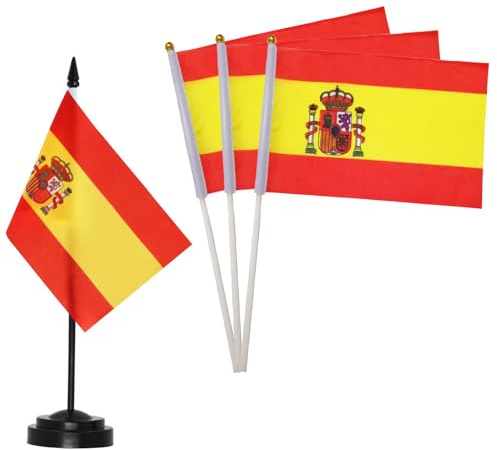 30 Confezione Spagna Bandiere Tenute a Mano e 1 Bandierine da Tavolo, Mini Bandiere su Bastoni, Stick Bandiera 14x21cm, Bandiere Portatili su Bastoni per Feste, Attività Patriottiche, La Befana