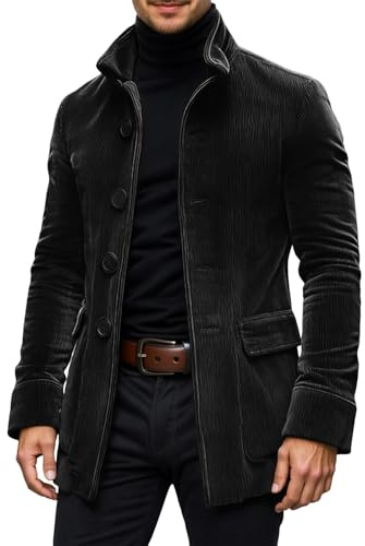 Bauzuoyo Giacca in velluto a coste, da uomo, vintage, con tasche, primavera, autunno, colletto alto, elegante, tinta unita, sportiva, casual, con bottoni, giacca sportiva, Nero , L