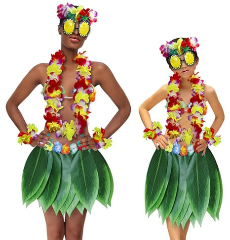 TBloevwlh Hawaii Outfit Damen Kostüm Vaiana Haw Lilo Rocker Kaktus Blumenkostüm Frau Grüner Rock Hawai Rocksette Grün Rosa Bunter Karneval King Julien Mädchen für Tikiparty Beachparty Strand Party