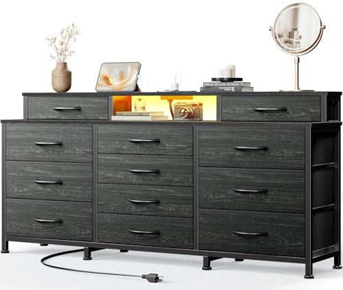 Furnulem Black Dresser, 55 Dresser for Bedroom with LED Lights & Charging Station, 12 Fabric Drawers and Open Shelf, Chest of Drawers for Bedroom, Living Room, Closet, Wooden Top, Metal Frame