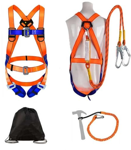 Songkittsazi Auffanggurt Fallschutz Set, 5-Punkt Auffanggeschirr, 2m Sicherheitsseil, 2 Haken, mit Auffanggerät,Rucksack