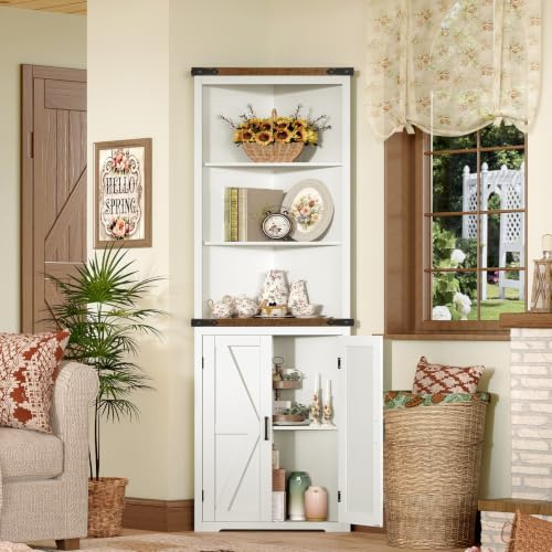 TEENFON Küchenschrank Hoch, 178cm Eckschrank mit 2 Scheunentoren, Badezimmerschrank Schmal mit 3 Regalböden - 1 Verstellbar, Mehrzweckschrank für Bad, Küche, WZ, EZ & Flur - 54 x 38 x 178 cm - Weiß