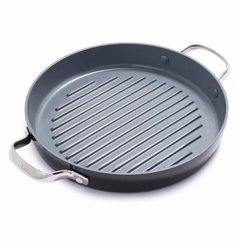 GreenPan Valencia Pro Hard Anodised Healthy Ceramic Non-Stick 28 cm Round Grill Pan, PFAS-Free, Induction, Oven Safe, Grey