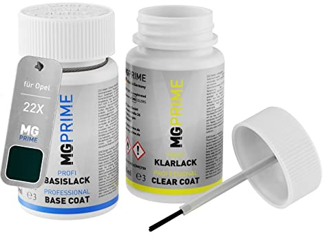 MG PRIME Autolack Lackstift für Opel 22X / GDX Darkmoon Blue Metallic +1K | Tiefseeblau Perleffekt, Set aus Basislack + Klarlack, Lackfläschchen mit Pinsel, je 50ml