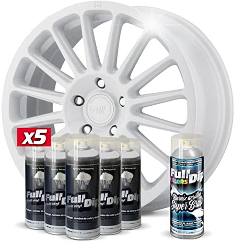 AutoFullCar - Pack 5 Sprays Full Dip Blanco + 1 Spray Barniz Acrílico Con Terminación Brillo - Vinílo Líquido - 400 ml. Unidad de Spray -