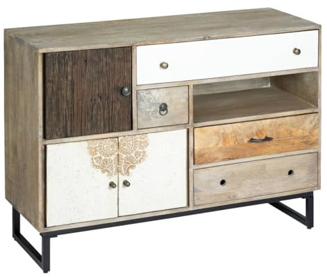 Atmosphera - Buffet Koval Bois de Manguier, 115x40 cm, 4 Tiroirs, 3 Portes, Style Ethnique - pour Salon, Séjour, Chambre