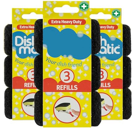 9 Pack Extra Heavy Duty Washing Up Brush Refills, Black, Tough | Scourer Sponge Replacement Heads, Compatible Dish Scrubber Refill Pads, Kitchen Cleaning Pots Pans Trays, 3 Sponge Pack x3