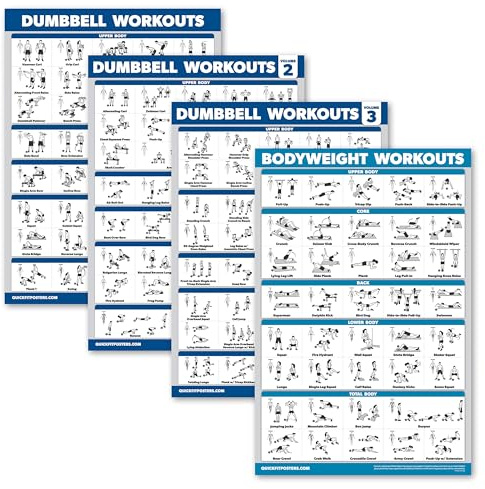 Palace Learning 4 Stück – Hantel-Workout-Poster Volumen 1, 2 und 3 + Körpergewicht-Übungstabelle – Set mit 4 Postern (laminiert, 45,7 x 61 cm)