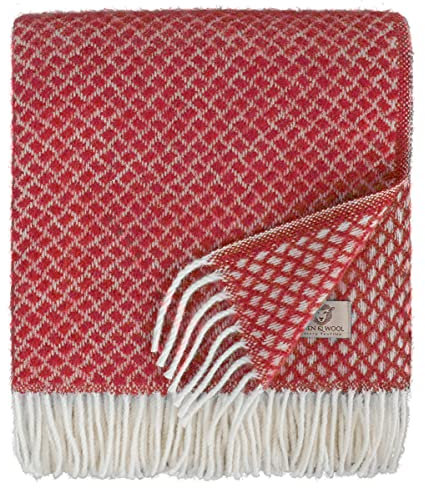 Linen & Cotton Couverture en Laine Douce de Qualite Sofia avec Franges - 100% Pure Laine de Nouvelle-Zélande, Rouge (130 x 170 cm) Plaid Canape Femme Homme en Laine Vierge Décoration de Votre Chambre