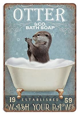 DAIERCY Lustiges Vintage-Schild Otter & Co. Badeseife Waschen Sie Ihre Pfoten, Otter, Badezimmer-Dekor, WC, Metall-Blechschilder für Küche, Garten, Garage, Badezimmer, Wanddekoration, 140 x 200 mm