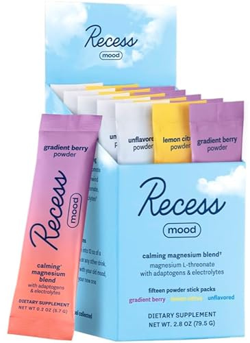 Recess Mood Powder, Magnesium L-Threonate Blend with Passion Flower, L-Theanine, Electrolytes, Magnesium Calm Support Powder Supplement -Sampler Pack, Pack of 15