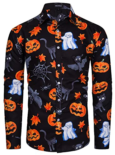 MOHEZ Mens Halloween Shirt Ugly Pumpkin Casual Long Sleeve Funny Button Down Shirts Alphabet Print Adult Costume Black Large