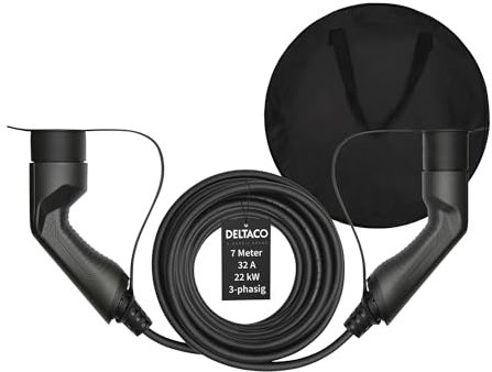 DELTACO Typ 2 EV-Ladekabel für E-Autos & Hybrid Fahrzeuge inkl. Tasche, Elektroauto Charge Mennekes Kabel, Kompatibel mit ID.3, ID.4, Zoe, E-Tron, Model S/3/X/Y, Leaf, 3-phasig, 32A | 22kW, 7 Meter