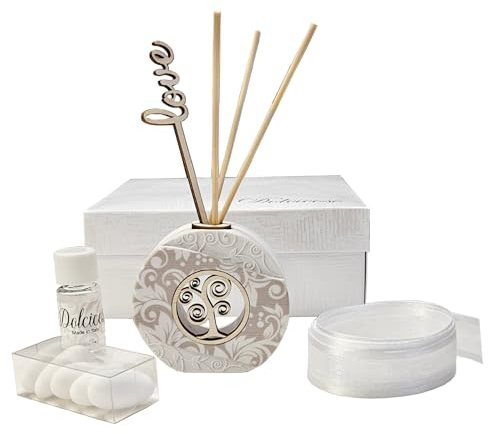 Ametista bomboniera profumatore albero della vita 7x6 cm in marmo di carrara e legno naturale con scatola, essenza, confetti nastro e bigliettino personalizzato (Albero)