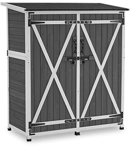 M MCombo Gartenschrank Holz Wetterfest, Klein Outdoor Gartenhaus Gerätehaus, für Außenbereich & Balkon & Terrasse, 122×60×137cm, 0707 (Grau)