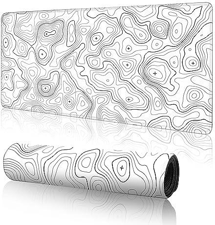 Topographic Large Gaming Mouse Pad,White Mouse Pad Gaming Mouse Mat Desk Pad,31.5 x 11.8 Desk Mat Minimalist Mouse Pads for Desk,Extended White Keyboard Mousepad with Non-Slip Base and Stitched Edge