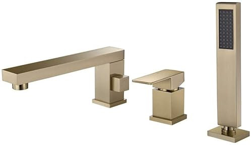 Faucet with Shower, Contemporary Roman Tub Ceramic Valve Brass Bath Shower Mixer Taps Single Handle Three Holes Taps with Shower Mixer Set,Gold