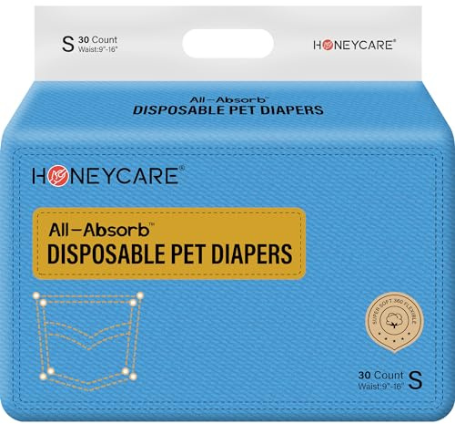 Honeycare Female Dog Diapers, Disposable Diapers for Female Dog with Stretchy Waist, Dog Pull-Ups for Easy wear, Dogs in Heat Period Super Absorbent Leak-Proof Doggie Diapers, Size Small, 30 Count