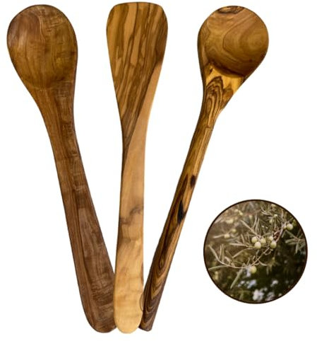 TOPANBIETER 999 Olivenholz Kochlöffelset - 2 Kochlöffel & 1 Pfannenwender für die natürliche Küche