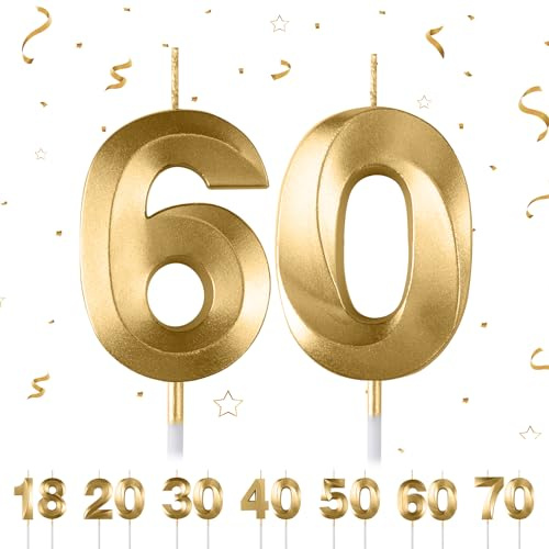 Geburtstagskerzen Zahlen 60,Gold Geburtstagskerzen, 3D Diamant Form Kuchen Kerzen Zahl 18 20 30 40 50 60 70 Glitzer Kuchen Topper Dekoration für Hochzeit Geburtstag Jubiläum