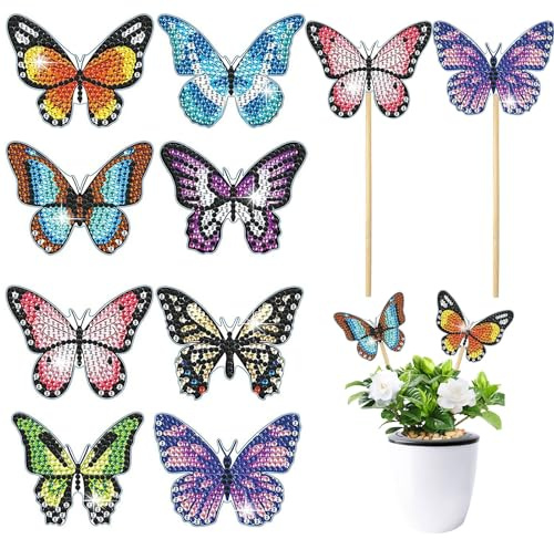 FENGQQKJ 8 Stücke Schmetterling Diamond Painting Kits Schmetterling Stakes Diamant Kunst Kits Diamond Kunst Painting Gartendeko Diamant Painting Ornaments Zubehör für Gartendekoration