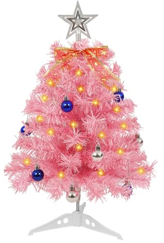 AGM Mini árbol de Navidad con Luces, pequeño árbol de Navidad Rosa con Mini Bolas para decoración de Navidad en Interiores y Exteriores