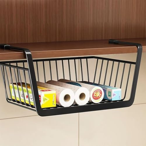 Generisch 2 Stück - Hängekorb Regal, Metall Unterregal Aufbewahrungskorb, Unter Schrank Lagerung Organizer, Regaleinhängekorb für Küche Büro Bad Schrank, Schwarz