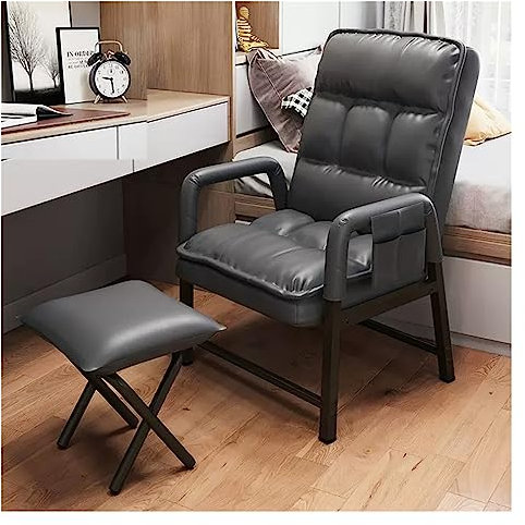 Grauer Ledersessel mit verstellbarer Rückenlehne und Ottomane, hohe Rückenlehne, ergonomischer Loungesessel, Einzelliegesessel, mit dicker Polsterung, bequemer Rückenlehne, Stuhl mit Ottomane, Größe: