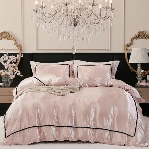 Herside Pink Mocha Satin Comforter Set 7 Pcs Full Size Bed in a Bag Luxury Satin Bedding Set with Comforter Pillowcases and Sheets Sets Mini Pompoms Design Super Soft Silky Bed Set for All Seasons